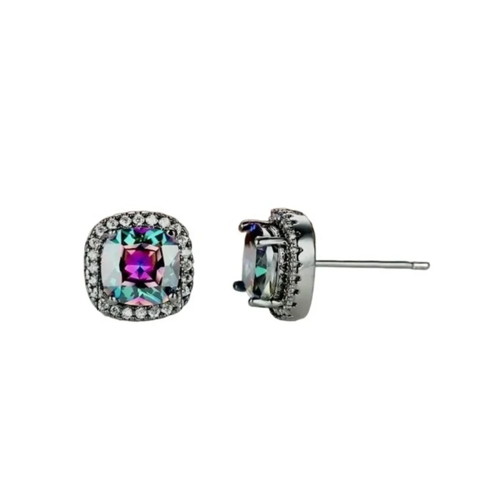 Women’s  Silver Tone Rainbow Mystical Fire‎ Topaz Fashion Stud Earrings